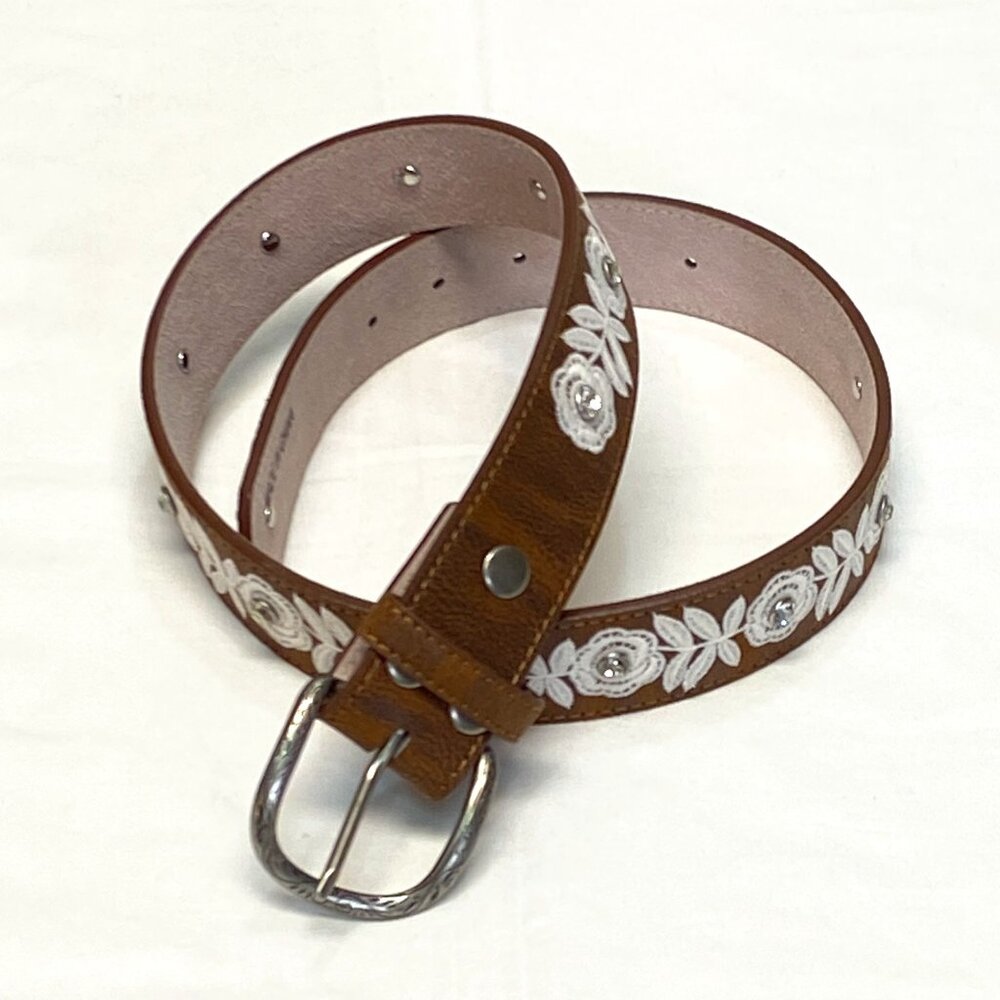 Angel Ranch Brown M Western Leather Belt Etched Buckle Embroidered Jeweled